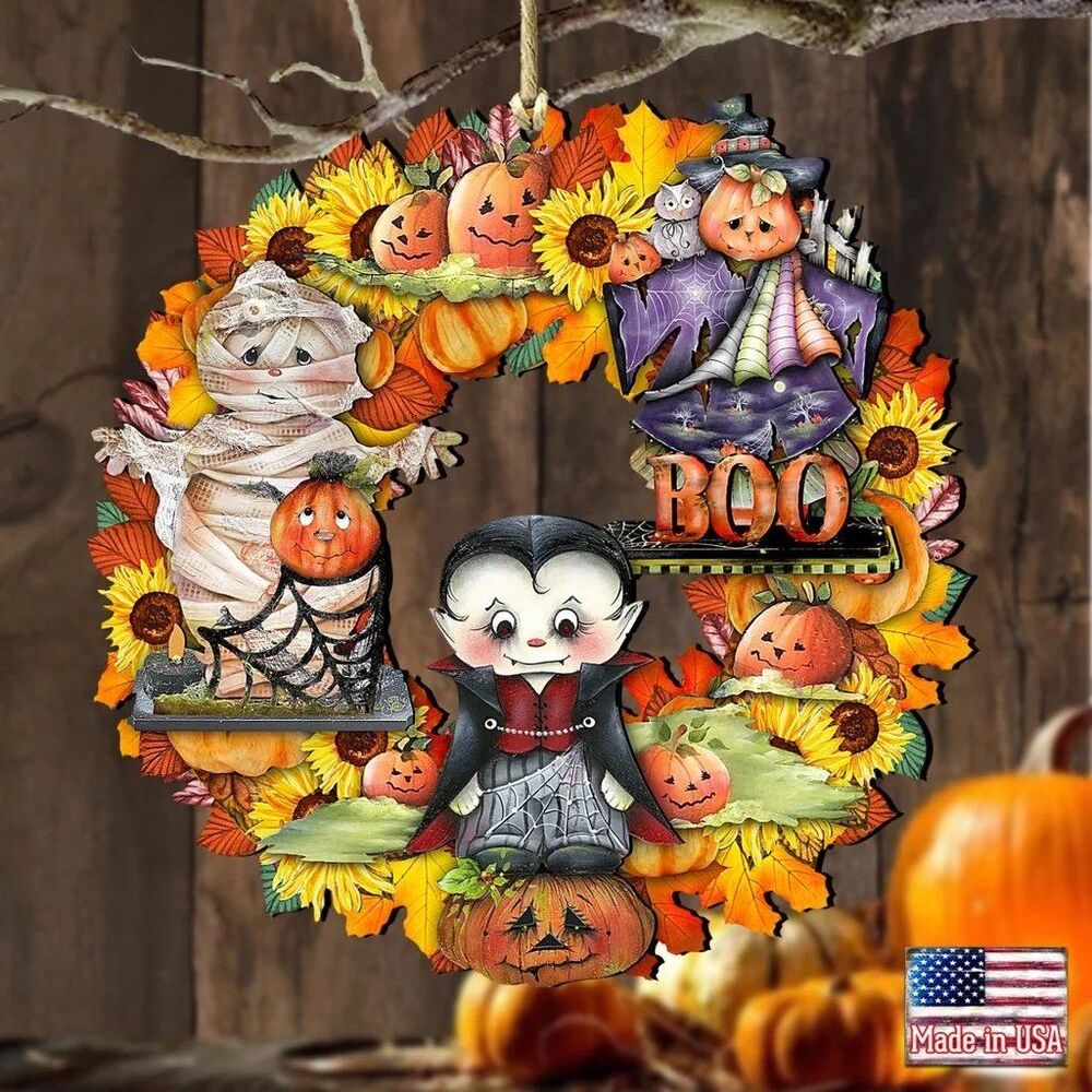 SET OF 2 Halloween Wreath Wooden Ornaments by G. DeBrekht